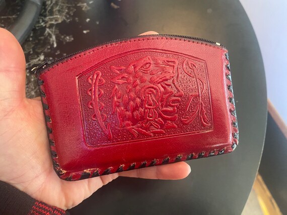 Authentic Vintage Red Hand Tooled Leather Coin Po… - image 2