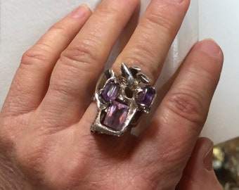 Vintage Brutalist Sterling Silver 925 and Amethyst Ring Size 7 1/4