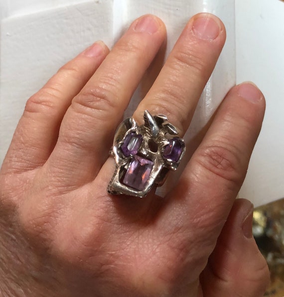 Sterling Silver Purple Amethyst Garnet Brown Leather Heavy Chunky Statement Ring 