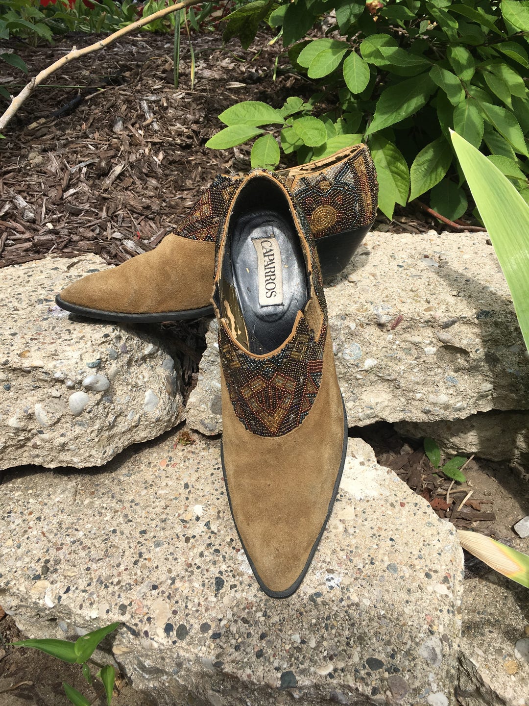 Women s Vintage Southwest Light Brown Leather Suede Shoes Beaded Caparros Etsy