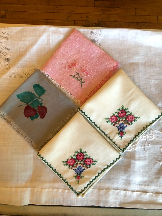 Lot of 4 Three Cotton Hand Embroidered Floral Han… - image 1