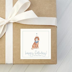 May include: A wrapped gift with a white ribbon and a square sticker. The sticker features a watercolor illustration of a Cavalier King Charles Spaniel wearing a party hat and a blue bandana. The text "happy birthday!" is written below the dog.