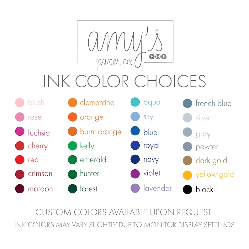 Op de afbeelding: Een kaart met inktkleurkeuzes voor papieren producten. De kleuren zijn georganiseerd per kleurfamilie: roze, oranje, blauw, grijs, groen, paars en geel. De kleuren omvatten blush, roze, fuchsia, kers, rood, karmijnrood, donkerrood, clementine, oranje, gebrande oranje, kelly, smaragd, jagergroen, bosgroen, aqua, hemelsblauw, blauw, koninklijkblauw, marineblauw, violet, lavendel, Frans blauw, zilver, grijs, tin, donkergoud, geel goud en zwart.