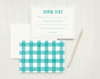Thank You Notes, Kids Stationary, Gingham, Teal, Birthday Party