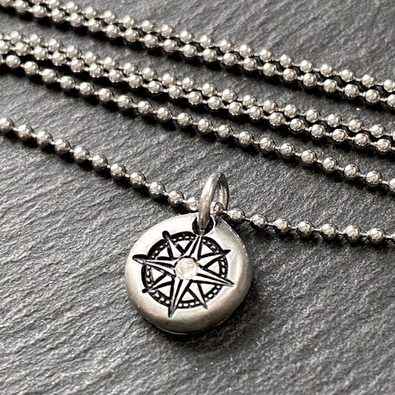 Tiny Pebble Compass Necklace with Crystal Inset -Inspirational womens gift