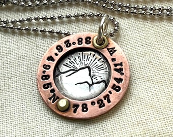 Sterling Silver Mountain Coordinates Necklace, Personalized with Raisee Copper Border