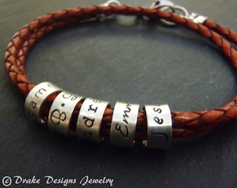 braided leather custom name bracelet with hand stamped charms with names or words. personalized womens or mens bracelet. unique gift