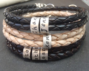 Personalized custom leather name bracelet for men or women.  4mm double wrapped braided leather Family bracelet with name charms