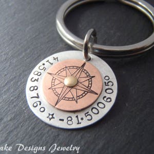 custom coordinate keychain. sterling silver and copper anniversary gifts for men. personalized latitude longitude keychain
