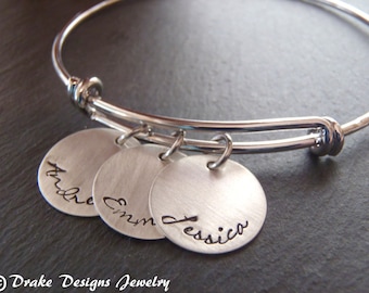 Personalized Mom Bracelet with Kids Names – Sterling Silver Charms - Adjustable Bangle - Gift for Mother