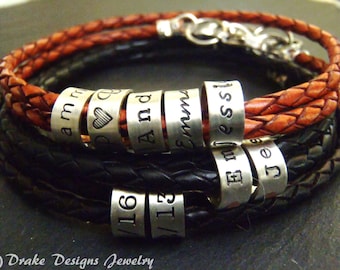 Personalized leather custom name bracelet custom hand stamped womens's or mens gift