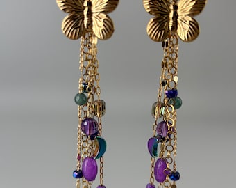 Gold Butterfly Gemstone Tassel Hoops