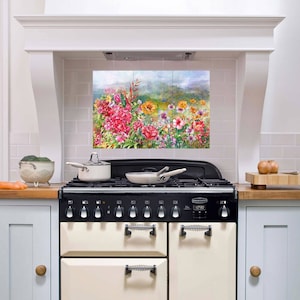 Tegelmuurschildering/mozaïek keramiek van bloemen aquarel schilderij - bloemen print - bloem kunst aan de muur - bloemen tegel muurschildering - glanzende tegels - tegelmozaïek