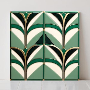 Art Deco Green Ceramic Tile - Geometric Wall Decor, Retro Bathroom Kitchen Backsplash
