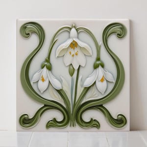 Piastrelle in ceramica con fiori di bucaneve - Stampa botanica Art Nouveau, set di 2