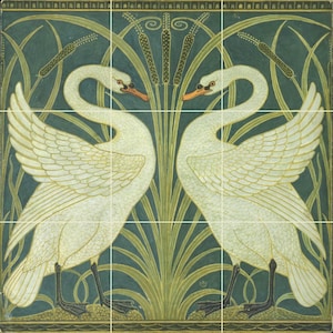 Tile Mural/Mosaic Ceramic Panel of Walter Crane Swan, Rush and Iris- Walter Crane wall art -Art Nouveau Tile Mural -Crane print -Tile Mosaic