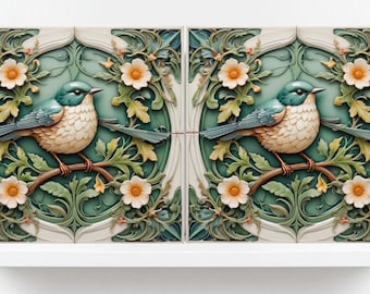 Art Nouveau Bird Ceramic Tiles: Kitchen Backsplash, Bathroom Decor (Set of 2)
