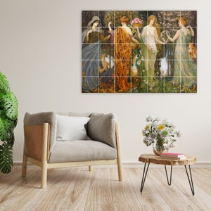 May include: A painting depicting four women in a woodland setting. The women are wearing flowing robes and are holding flowers and wreaths. The painting is executed in a realistic style and features vibrant colours.
