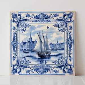 Azulejo de cerámica azul de Delft con diseño de barco holandés. Arte mural náutico para cocina, baño o salpicadero.