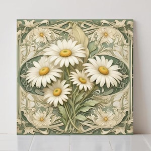 Art Nouveau Daisy Ceramic Tiles: Set of 2 Decorative Wall Tiles