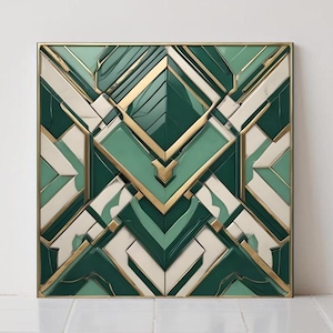 Azulejos cerámicos verdes estilo art déco con estampado geométrico para decoración de paredes de baño y salpicaderos de cocina retro.
