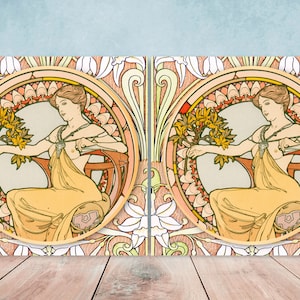 Art Nouveau Flower Ceramic tiles - Set of 2 Art Nouveau Wall Decor Tiles - Kitchen Backsplash Tiles, Table Decorative Tiles, Bathroom Tiles