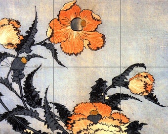 Tile Mural/Mosaic Ceramic Panel of KATSUSHIKA HOKUSAI POPPIES - Hokusai Print - Poppies Wall Art - Japanese print- Gloss Tiles - Tile Mosaic