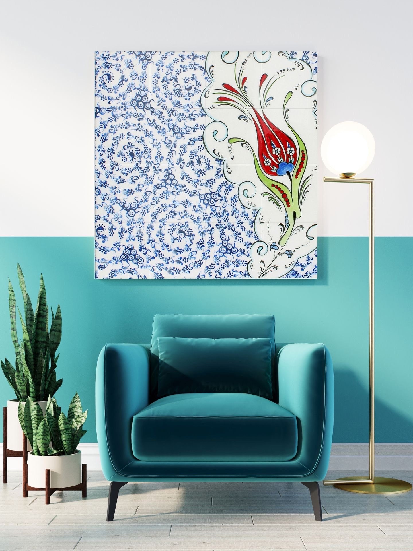 Panel De Azulejo Cerámico Turco Iznik 32x24: Mural Patrón Floral Rojo Y Azul (Artesanía Otomana)