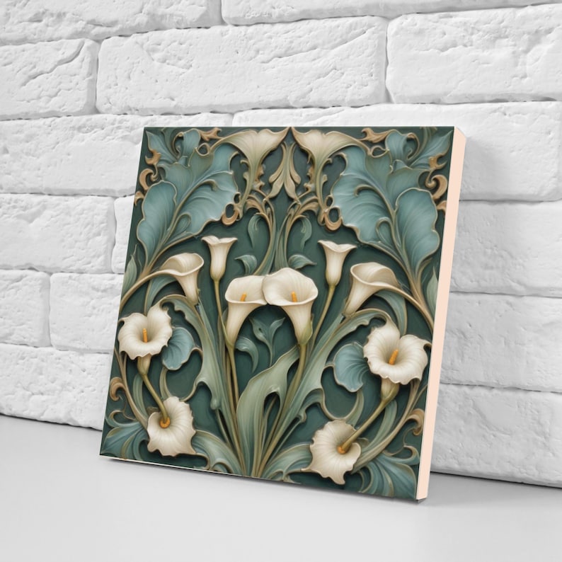 Calla Lily Ceramic Tiles - Green Art Nouveau Floral Backsplash - Set of ...