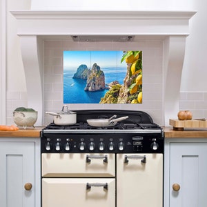 May include: A white kitchen with a black and cream range with a backsplash featuring a scenic image of a rocky island with a lemon tree in the foreground.