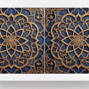 May include: Two square wall panels with a detailed gold floral design on a dark blue background. The panels are displayed on a white shelf, showcasing the intricate patterns and textures of the artwork. The design features a central flower motif.