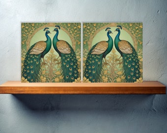Art Nouveau Peacocks Ceramic tiles - Set of 2 Art Nouveau Bird Wall Decor Tiles - Kitchen Backsplash Tiles, Bathroom Tiles