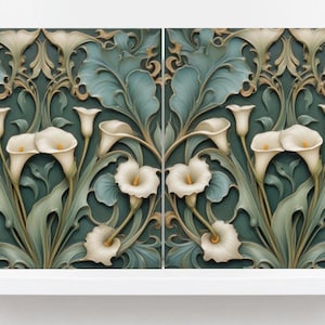 Calla Lily Ceramic Tiles - Green Art Nouveau Floral Backsplash - Set of 2