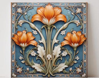 Art Nouveau Floral Ceramic Tiles: Botanical Wall Decor, Set of 2