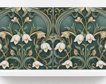 Lily of The Valley Tile: Green Art Nouveau Ceramic Wall Decor - Set of 2