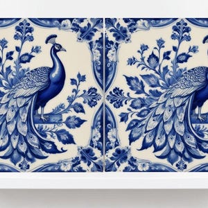 Delft Blue Tile Animal-Bird Tile-Set of 2 Ceramic Delftware Tiles-Delft Prints-Peacock Tiles - Kitchen Backsplash,Sink,Bathroom,Shower Wall