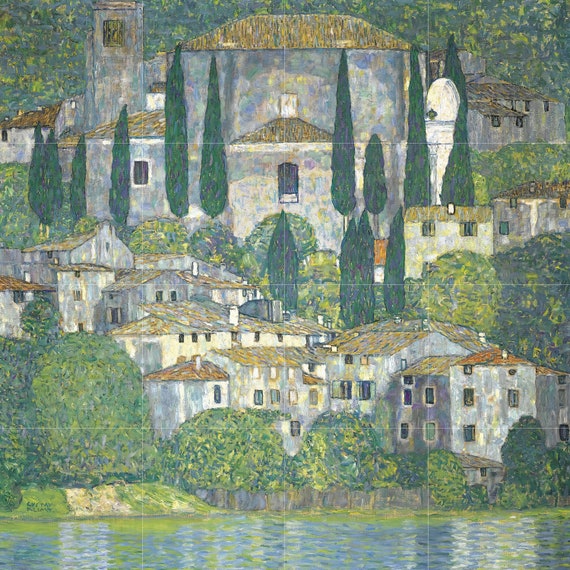 クリムト　タイルアート2 グスタフ・クリムトの糸杉のある風景画のタイル壁画/モザイク