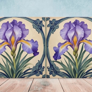 Art Nouveau Flower Ceramic tiles - Set of 2 Art Nouveau Irises Wall Decor Tiles - Kitchen Backsplash Tiles, Bathroom Tiles