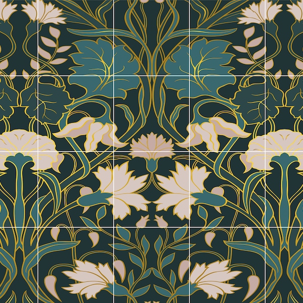 Art Nouveau Floral Ceramic Tile Mural/Mosaic - Art Nouveau Wall Decor Tiles - Flower Mural - Floral Print -Kitchen Backsplash Tiles,Bathroom