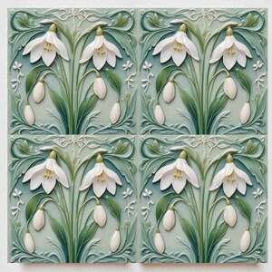 Snowdrop Flower Tile : Art Nouveau Green Ceramic Wall Decor image 4