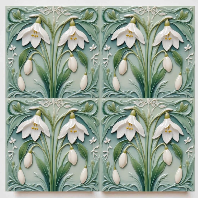 Snowdrop Flower Tile : Art Nouveau Green Ceramic Wall Decor image 4