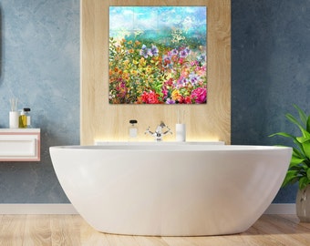 May include: A watercolour painting of a field of colourful flowers. The flowers are in shades of pink, purple, yellow, and red. The background is a soft blue.