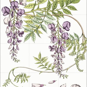 Tile Mural/Mosaic Ceramic Panel of Wisteria - Flower Wall Art -Vintage Botanical Print -Wisteria Print Home Decor- Flower Mural - Floral Art