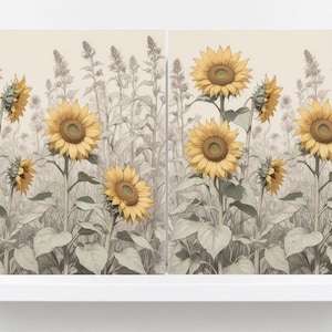 May include: A pair of beige canvas prints featuring a field of sunflowers with yellow petals and brown centres. The sunflowers are arranged in a random pattern against a light beige background.
