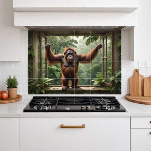 May include: A kitchen backsplash featuring a vibrant image of an orangutan with its arms raised, set against a lush green jungle backdrop. The orangutan is brown with a light-colored face. The image is framed by a window.