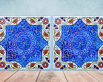 Moroccan Ceramic Tiles - Set of 2 Moroccan Wall Decor Tiles - Kitchen Backsplash Tiles, Table Decorative Tiles, Bathroom Tiles, Coaster