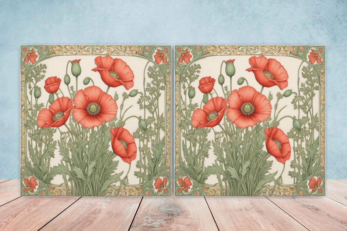 Poppy Glass Tile Art Nouveau Poppy Ceramic Tiles: Kitchen & Bath Wall Decor (set of 2 ...