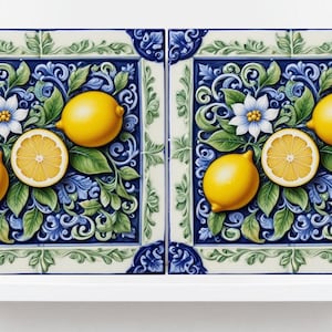 Italian Majolica Lemon Tiles - Set of 2 Mediterranean Wall Decor Tiles -Kitchen Backsplash, Table Decorative,Bathroom, Shower Wall,Fireplace