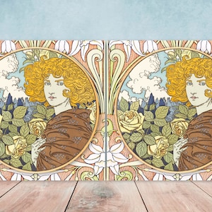 Art Nouveau Flower Ceramic tiles - Set of 2 Art Nouveau Wall Decor Tiles - Kitchen Backsplash Tiles, Table Decorative Tiles, Bathroom Tiles