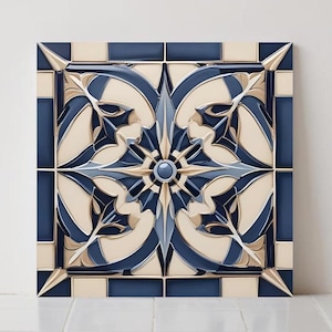 Art Deco Ceramic Tile, Blue Geometric Starburst Accent, Kitchen Bathroom Decor